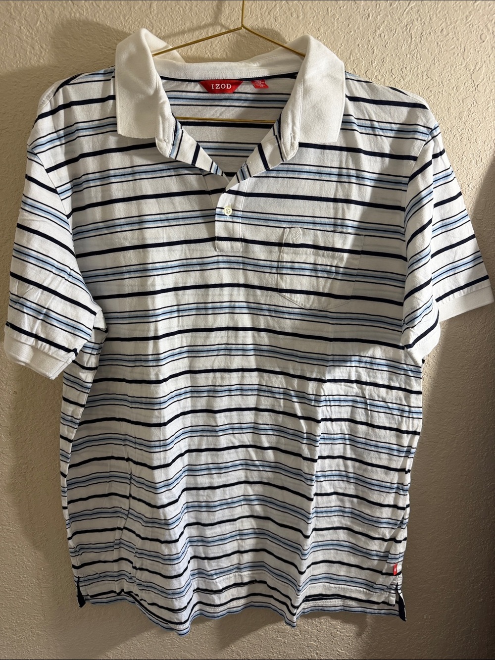 Izod Men’s White Polo with Navy and Light Blue Stripes
